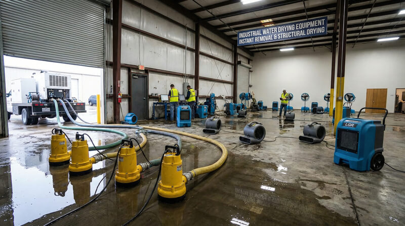 Industrial-grade water drying equipment and dehumidifiers in action